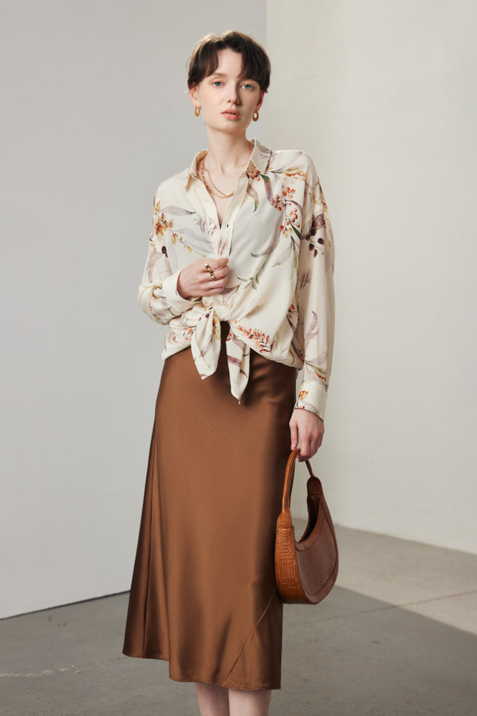 Stretch Silk A-Line Slip Midi Skirt  Fibflx