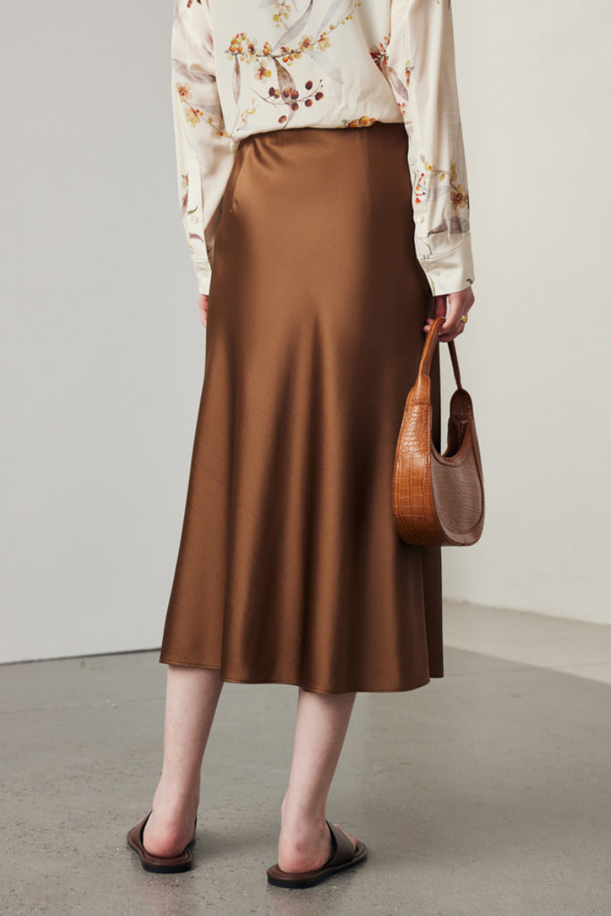 Stretch Silk A-Line Slip Midi Skirt  Fibflx