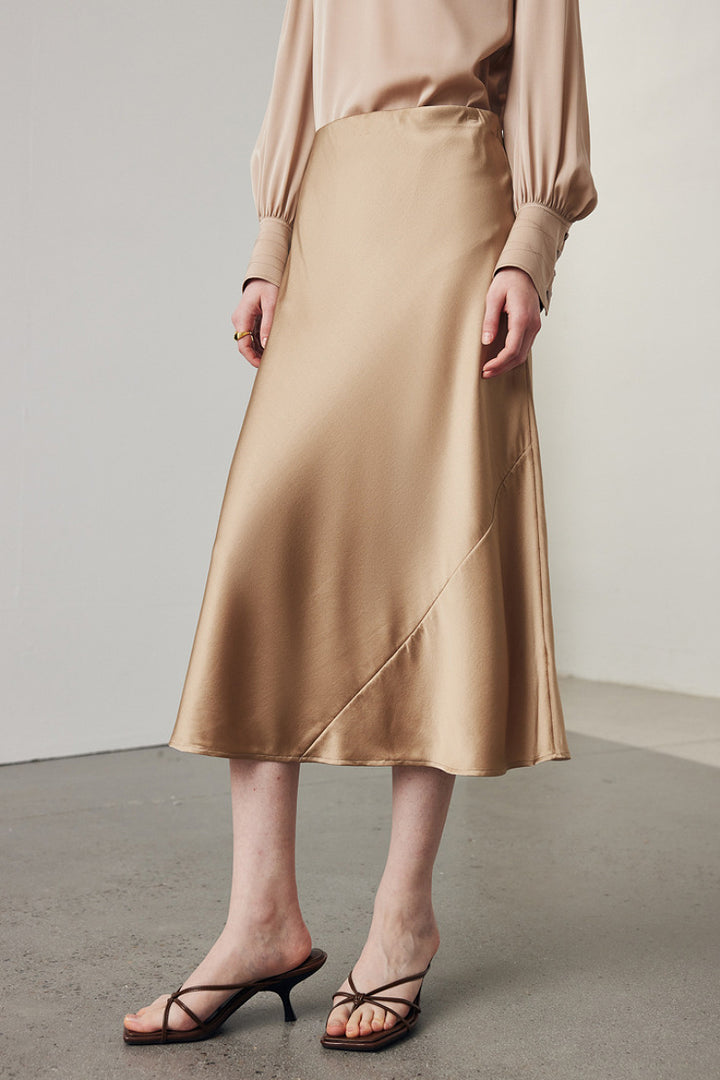 Stretch Silk A-Line Slip Midi Skirt XL / Desert Sunset Golden / 90% Mulberry Silk 10%  Fibflx