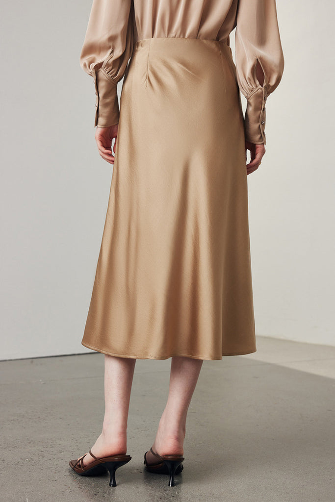 Stretch Silk A-Line Slip Midi Skirt  Fibflx