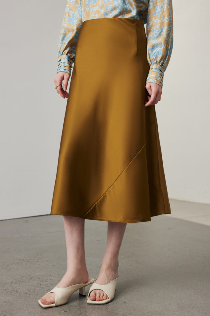 Stretch Silk A-Line Slip Midi Skirt XL / Golden Brown / 90% Mulberry Silk 10% Spandex Fibflx