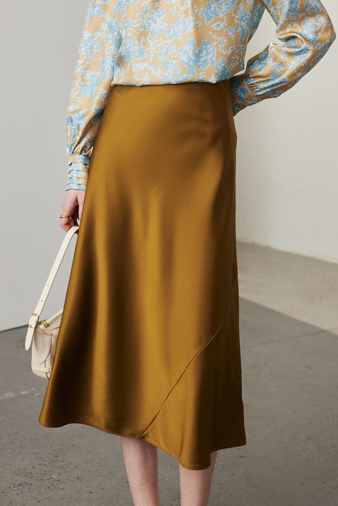 Stretch Silk A-Line Slip Midi Skirt S / Golden Brown / 90% Mulberry Silk 10% Spandex Fibflx