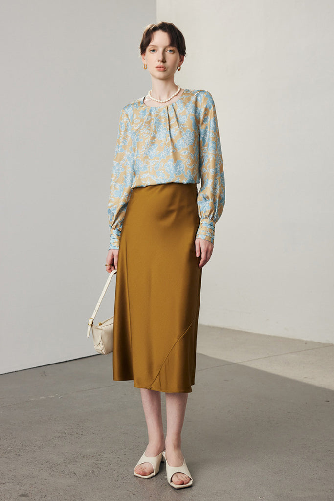 Stretch Silk A-Line Slip Midi Skirt  Fibflx