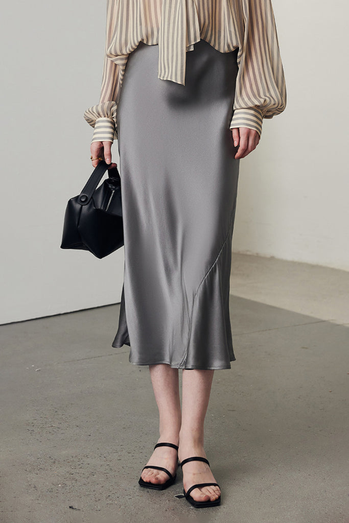 Stretch Silk A-Line Slip Midi Skirt  Fibflx