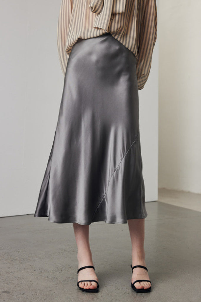 Stretch Silk A-Line Slip Midi Skirt  Fibflx