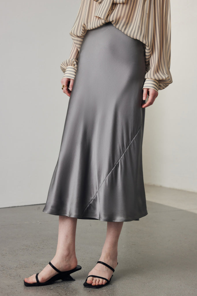 Stretch Silk A-Line Slip Midi Skirt XL / Millstone Grey / 90% Mulberry Silk 10% Spande Fibflx