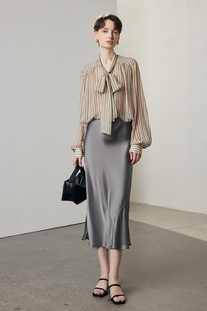 Stretch Silk A-Line Slip Midi Skirt  Fibflx