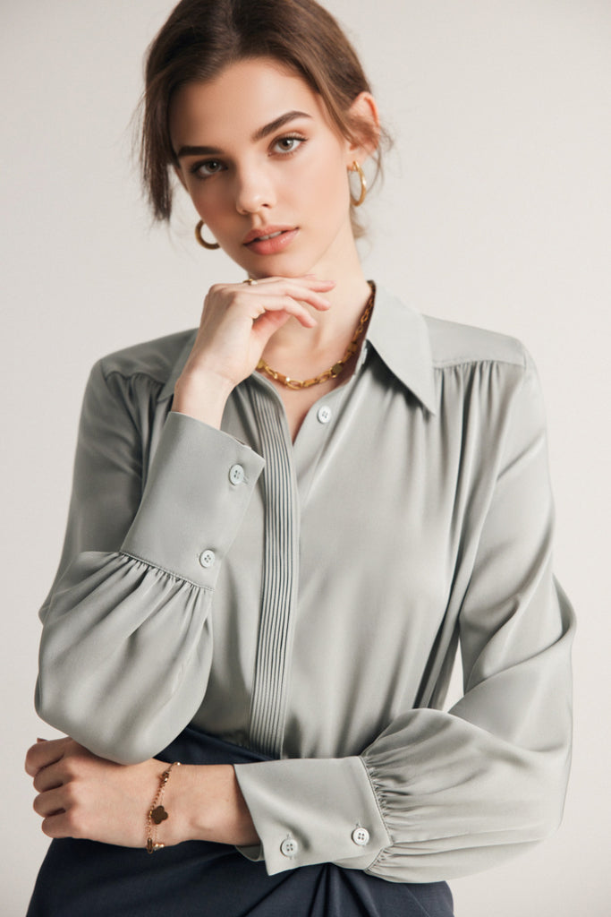 Stretch Silk Button-Down Blouse with Pleated Front  Fibflx
