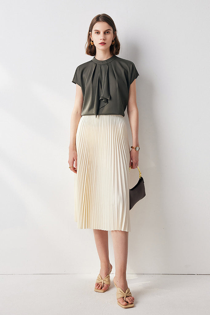 Stretch Silk Cap-Sleeve Crewneck Ribbon Blouse  Fibflx