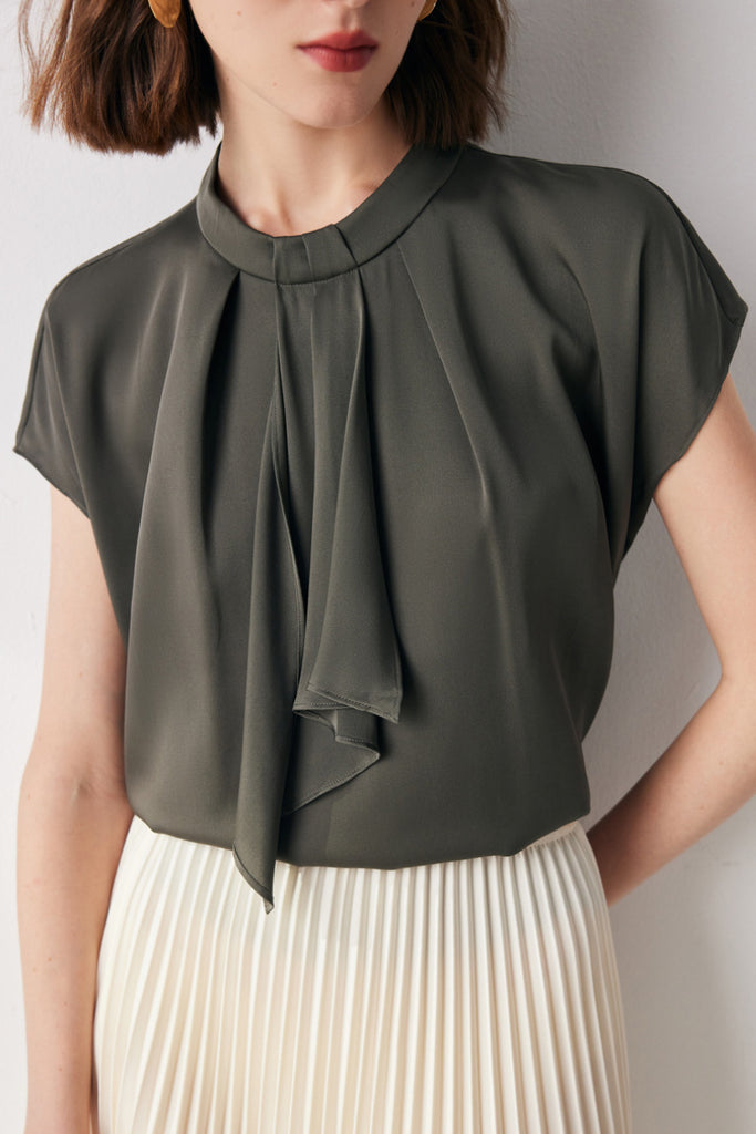 Stretch Silk Cap-Sleeve Crewneck Ribbon Blouse  Fibflx