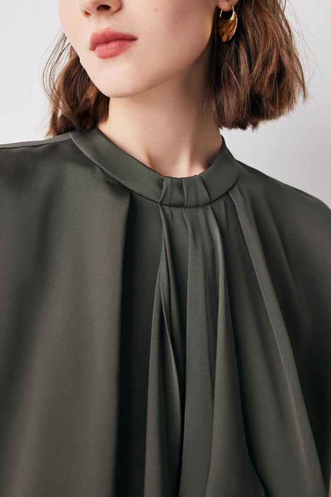 Stretch Silk Cap-Sleeve Crewneck Ribbon Blouse  Fibflx