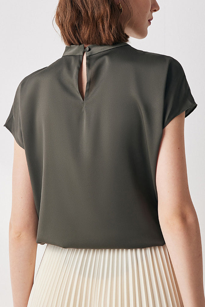 Stretch Silk Cap-Sleeve Crewneck Ribbon Blouse  Fibflx