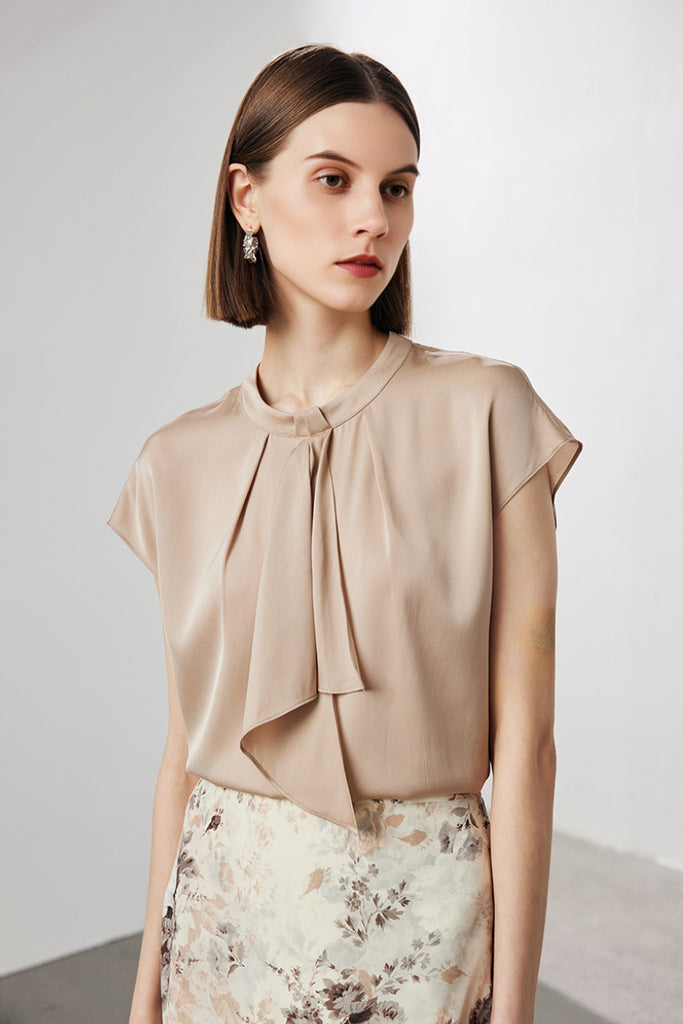 Stretch Silk Cap-Sleeve Crewneck Ribbon Blouse XL / Oak Beige / 90% Mulberry Silk 10% Spandex Fibflx