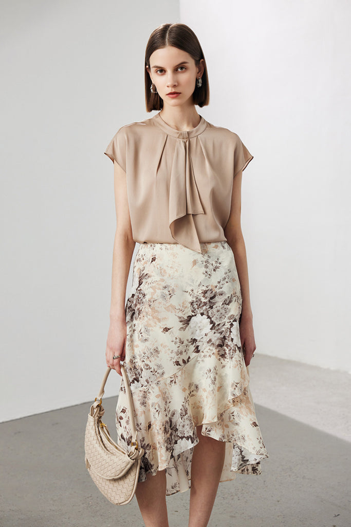 Stretch Silk Cap-Sleeve Crewneck Ribbon Blouse  Fibflx