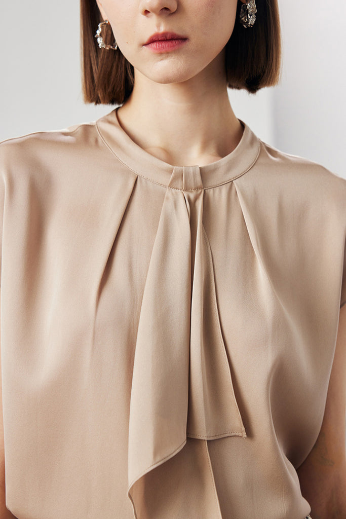 Stretch Silk Cap-Sleeve Crewneck Ribbon Blouse  Fibflx