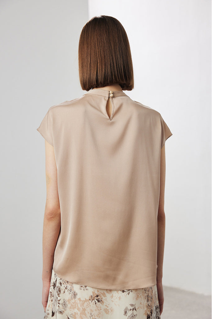 Stretch Silk Cap-Sleeve Crewneck Ribbon Blouse  Fibflx