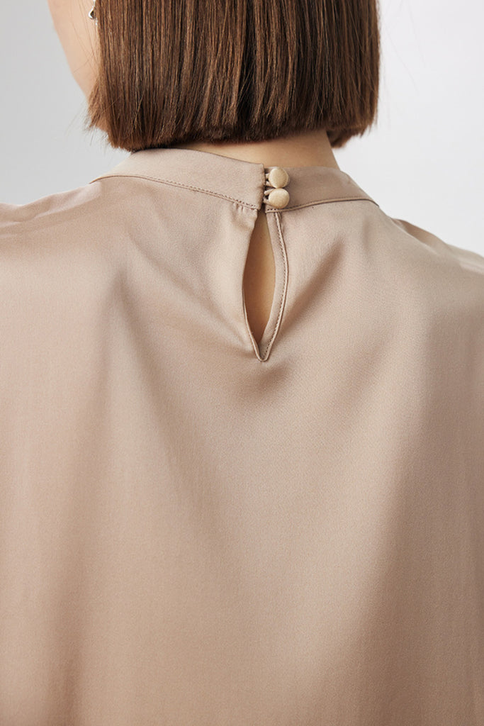 Stretch Silk Cap-Sleeve Crewneck Ribbon Blouse  Fibflx