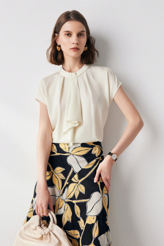 Stretch Silk Cap-Sleeve Crewneck Ribbon Blouse XL / Off White / 90% Mulberry Silk 10% Spandex Fibflx