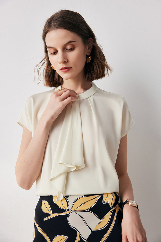 Stretch Silk Cap-Sleeve Crewneck Ribbon Blouse  Fibflx