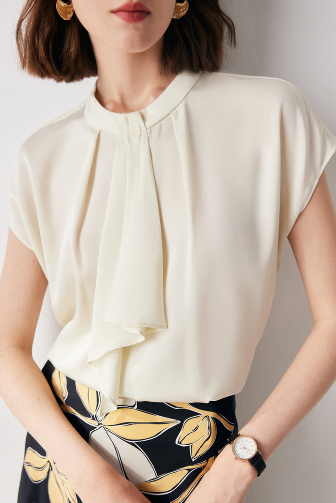 Stretch Silk Cap-Sleeve Crewneck Ribbon Blouse  Fibflx