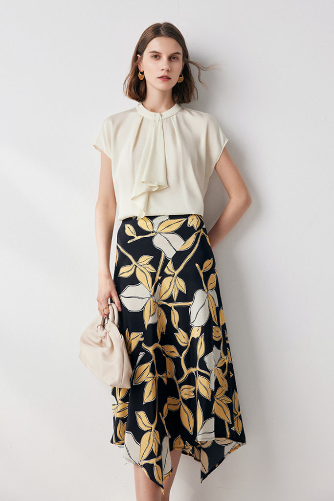 Stretch Silk Cap-Sleeve Crewneck Ribbon Blouse  Fibflx