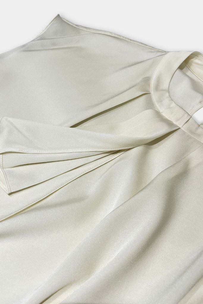 Stretch Silk Cap-Sleeve Crewneck Ribbon Blouse  Fibflx