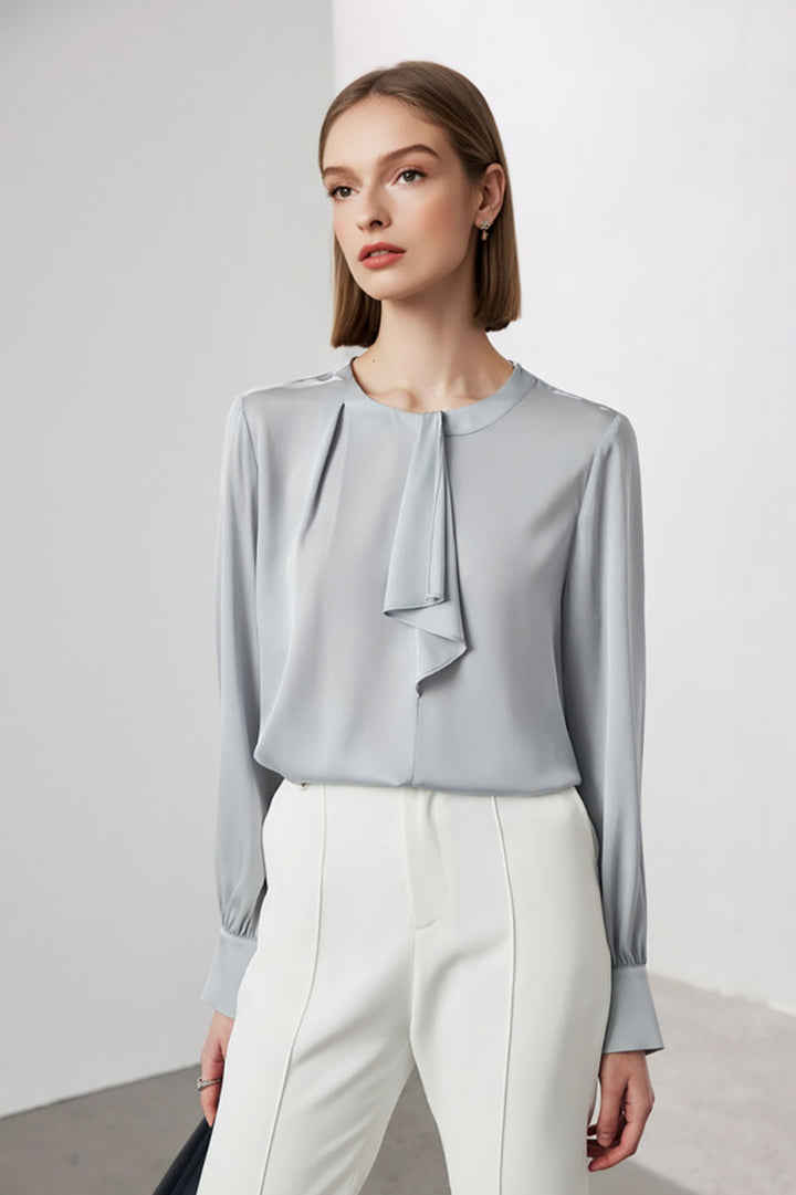 Stretch Silk Long-Sleeve Crewneck Ribbon Blouse  Fibflx