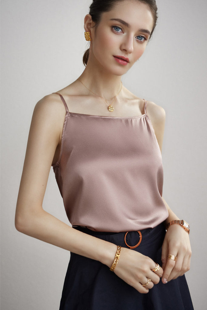 Stretch Silk Spaghetti-Strap Scoop-Neck Camisole Top XL / Amethyst Purple / 100% Mulberry Silk Fibflx