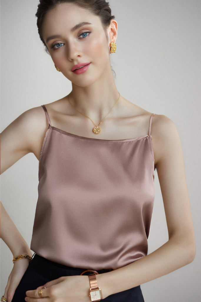 Stretch Silk Spaghetti-Strap Scoop-Neck Camisole Top  Fibflx