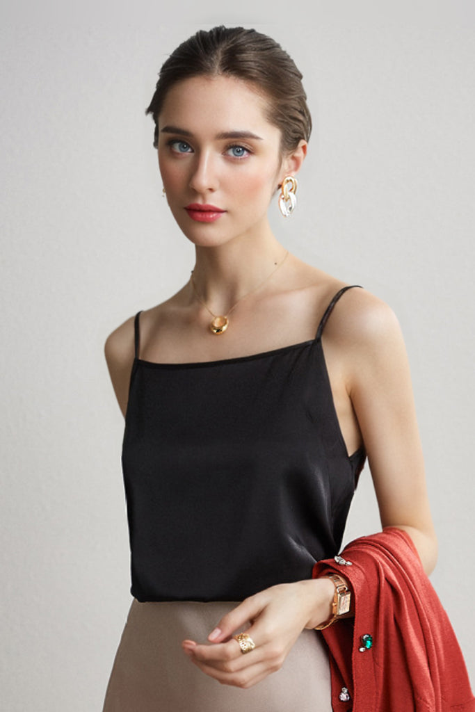 Stretch Silk Spaghetti-Strap Scoop-Neck Camisole Top XL / Black / 100% Mulberry Silk Fibflx