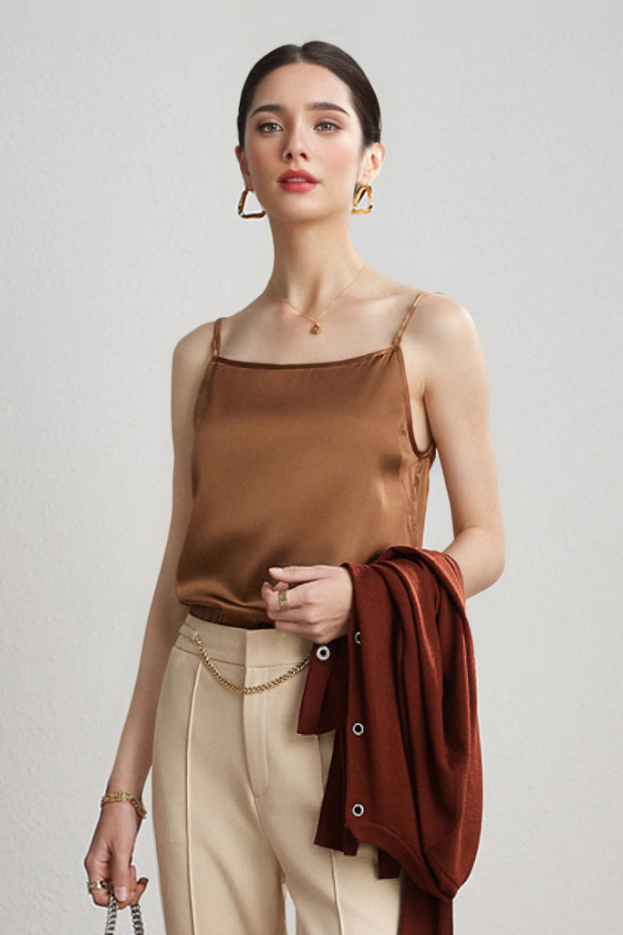 Stretch Silk Spaghetti-Strap Scoop-Neck Camisole Top  Fibflx