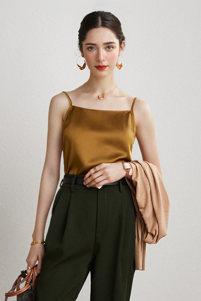 Stretch Silk Spaghetti-Strap Scoop-Neck Camisole Top XL / Golden Brown / 100% Mulberry Silk Fibflx