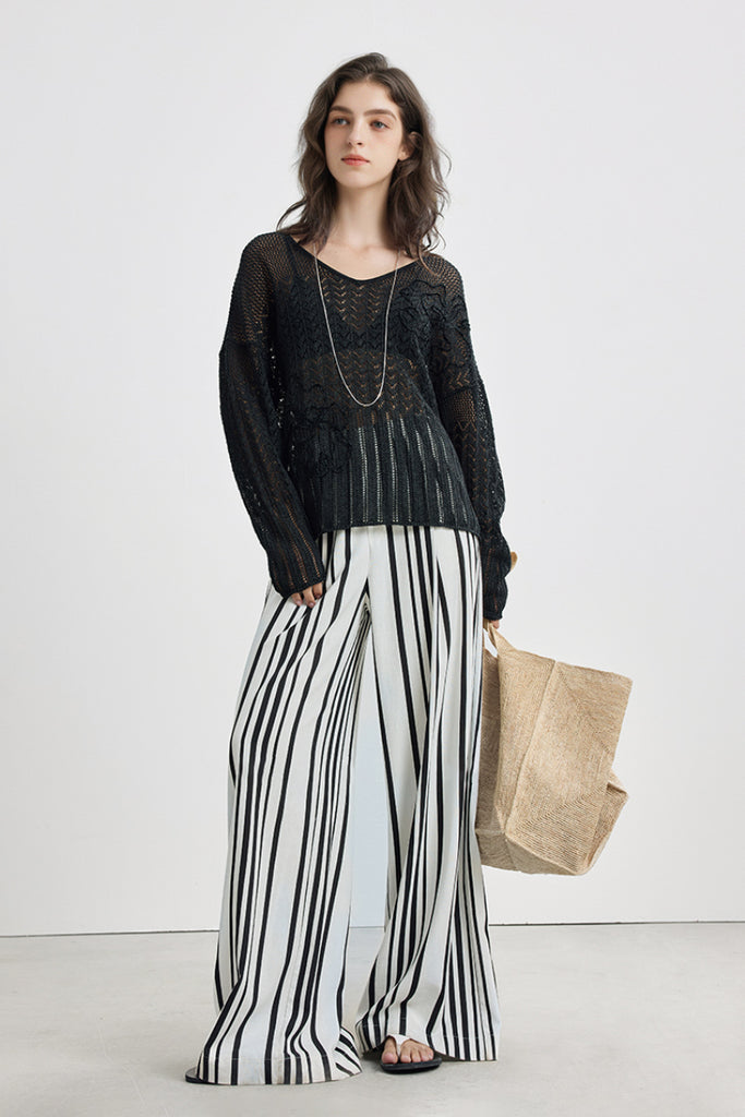 Striped Linen-Blend Wide-Leg Palazzo Pants  Fibflx