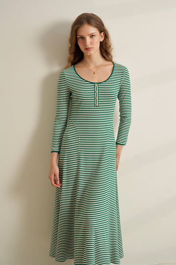Striped Long-Sleeve Scoop-Neck Midi Knit Dress - Fibflx