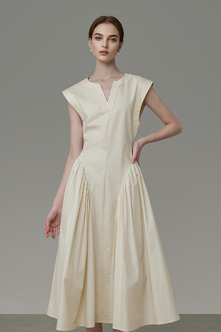 Structured Sleeveless A-Line Midi Dress with Pockets Beige / S