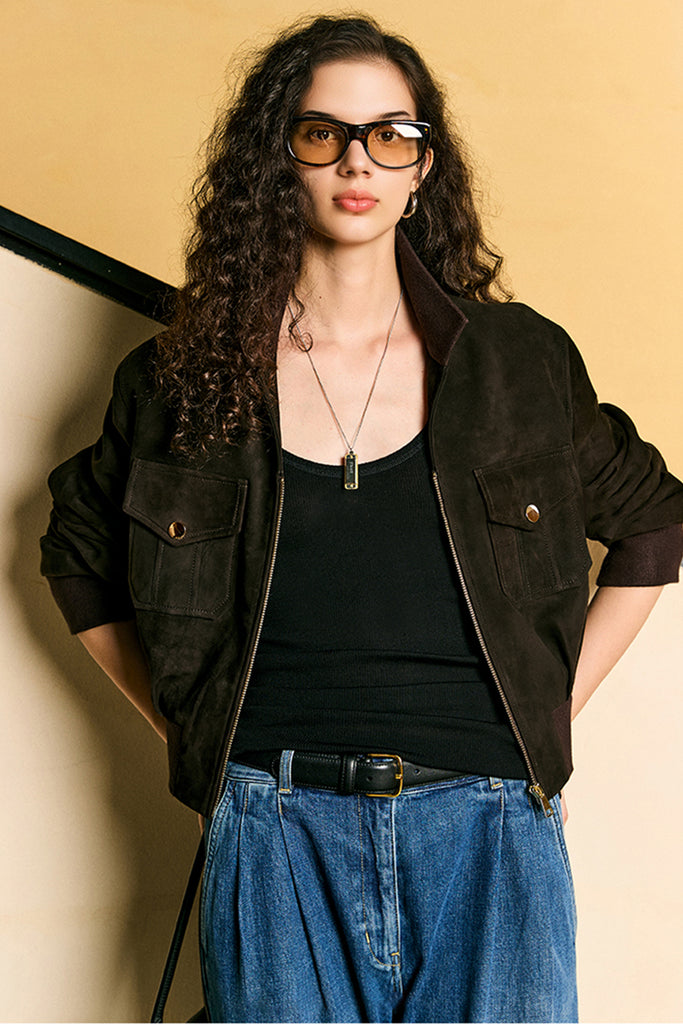 Suede Bomber Jacket - Brown Lambskin Leather Short Jacket  Fibflx