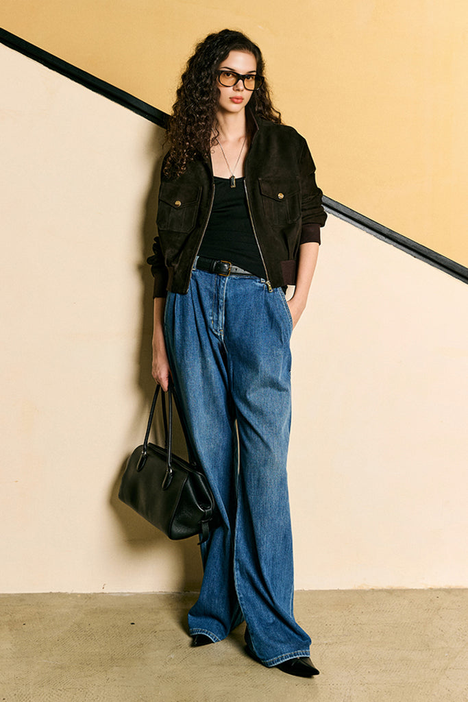 Suede Bomber Jacket - Brown Lambskin Leather Short Jacket  Fibflx