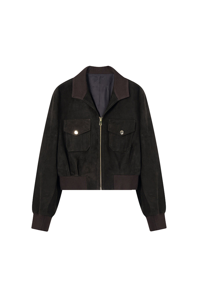 Suede Bomber Jacket - Brown Lambskin Leather Short Jacket  Fibflx