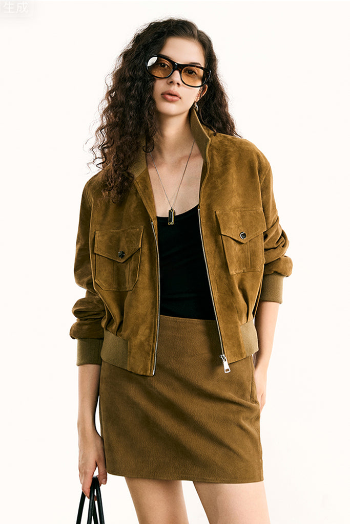 Suede Bomber Jacket - Brown Lambskin Leather Short Jacket  Fibflx