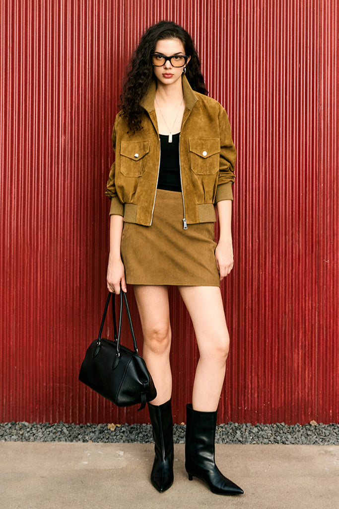 Suede Bomber Jacket - Brown Lambskin Leather Short Jacket  Fibflx
