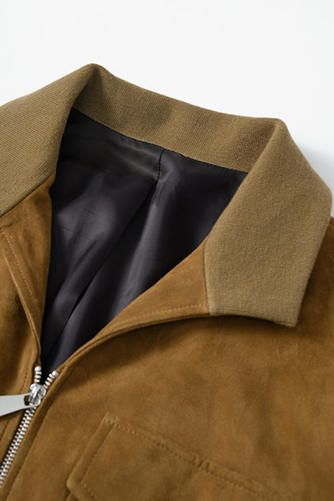 Suede Bomber Jacket - Brown Lambskin Leather Short Jacket  Fibflx