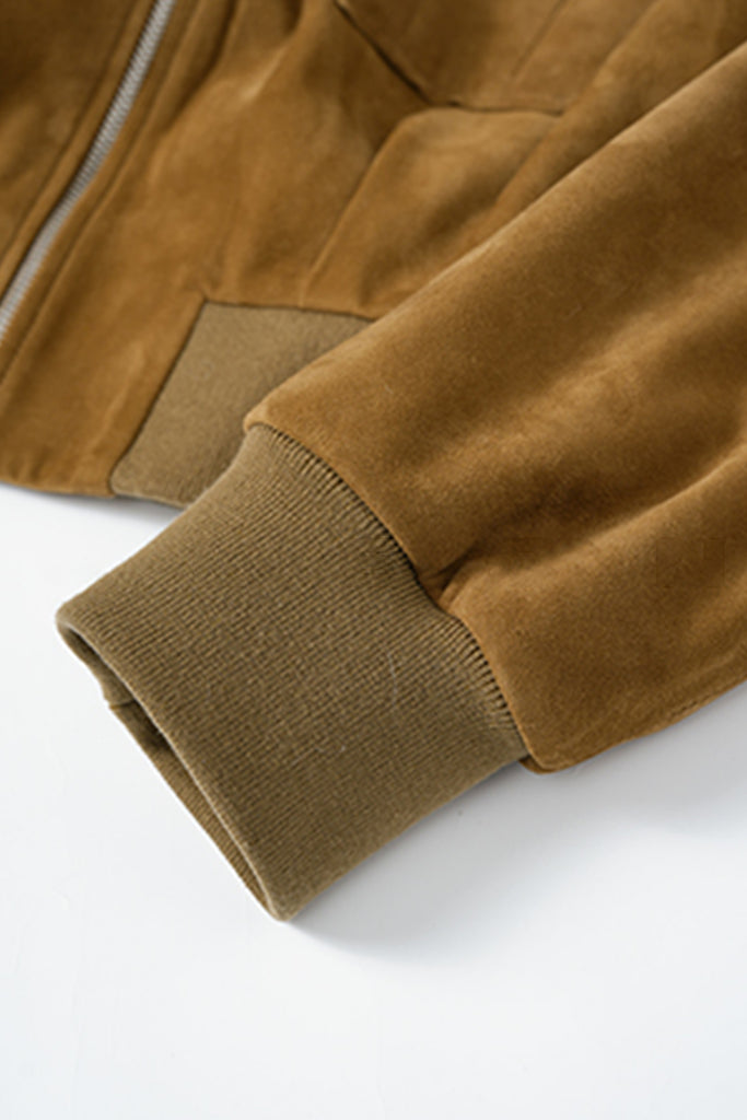 Suede Bomber Jacket - Brown Lambskin Leather Short Jacket  Fibflx