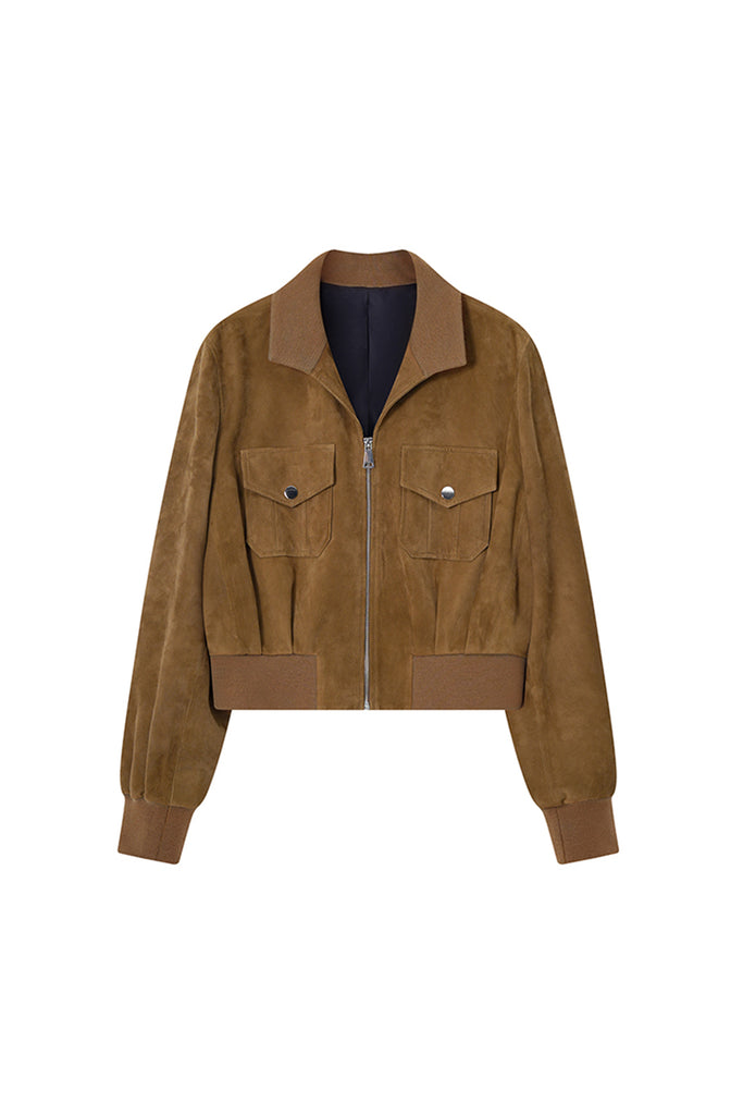Suede Bomber Jacket - Brown Lambskin Leather Short Jacket  Fibflx