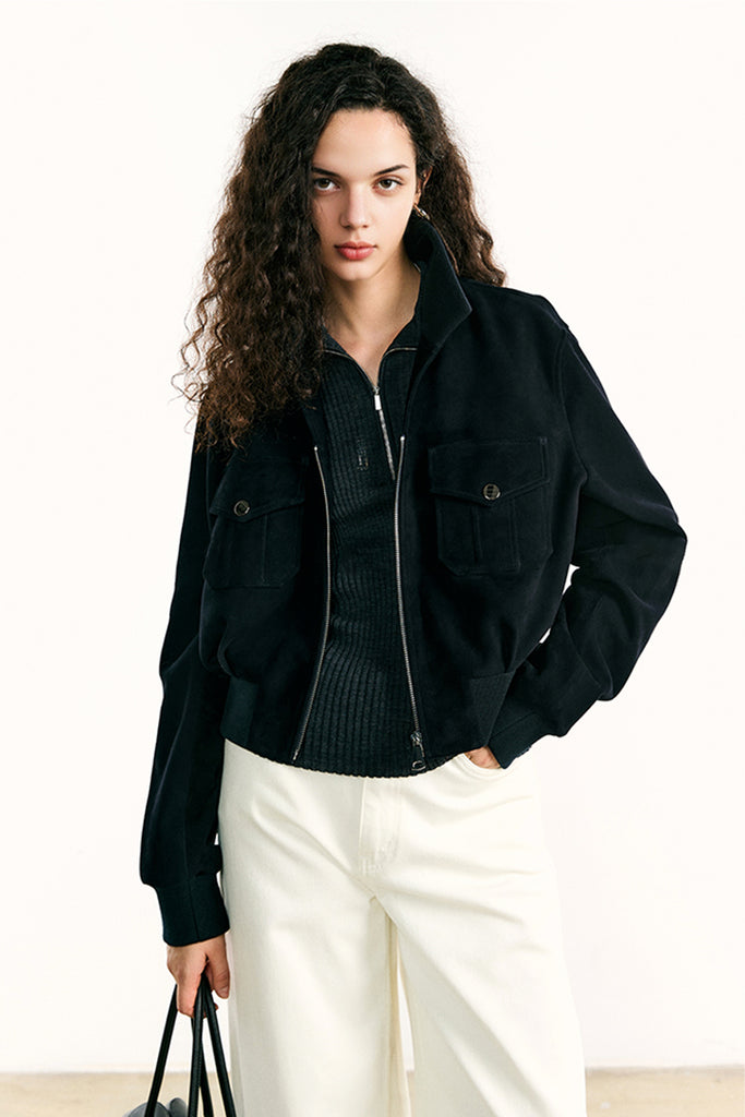 Suede Bomber Jacket - Brown Lambskin Leather Short Jacket  Fibflx