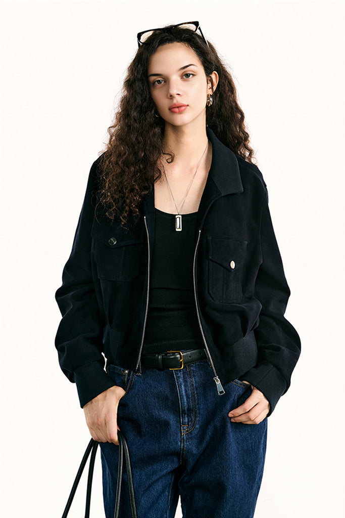 Suede Bomber Jacket - Brown Lambskin Leather Short Jacket  Fibflx