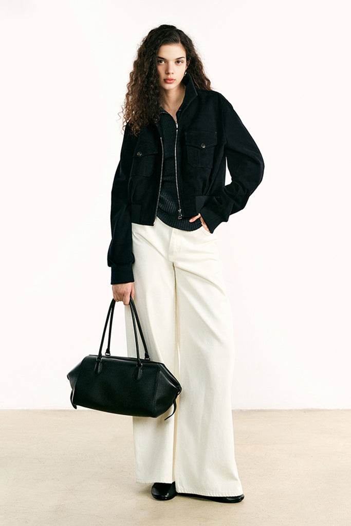 Suede Bomber Jacket - Brown Lambskin Leather Short Jacket  Fibflx