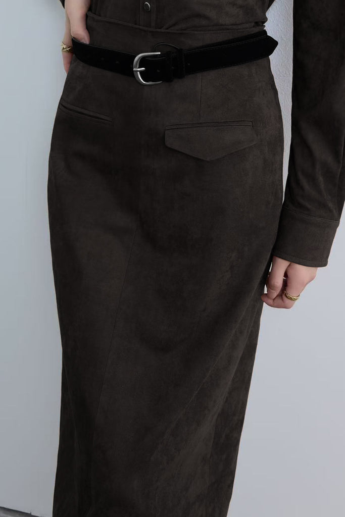 Suede High-Waisted Column Maxi Skirt with Back Slit Elegant Coal Grey / L / 92% Recycled Polyester 8%  Fibflx