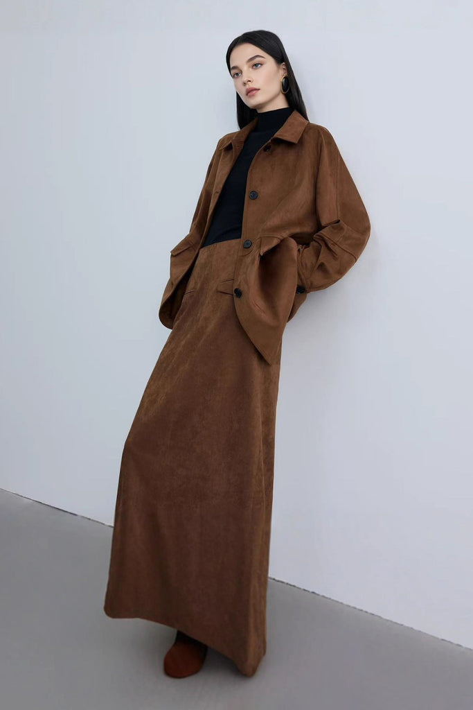 Suede High-Waisted Column Maxi Skirt with Back Slit Chocolate Brown / L / 92% Recycled Polyester 8% Sp Fibflx