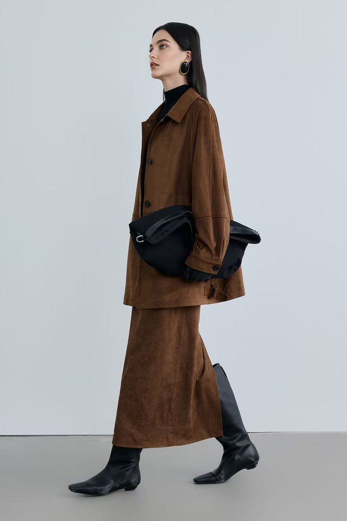 Suede High-Waisted Column Maxi Skirt with Back Slit  Fibflx