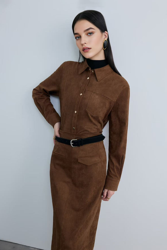 Suede High-Waisted Column Maxi Skirt with Back Slit  Fibflx